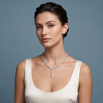 14KT White Gold Statement Emerald Oval Round Cut Station Brilliant Multi-Cut Diamond Necklace - Beauty