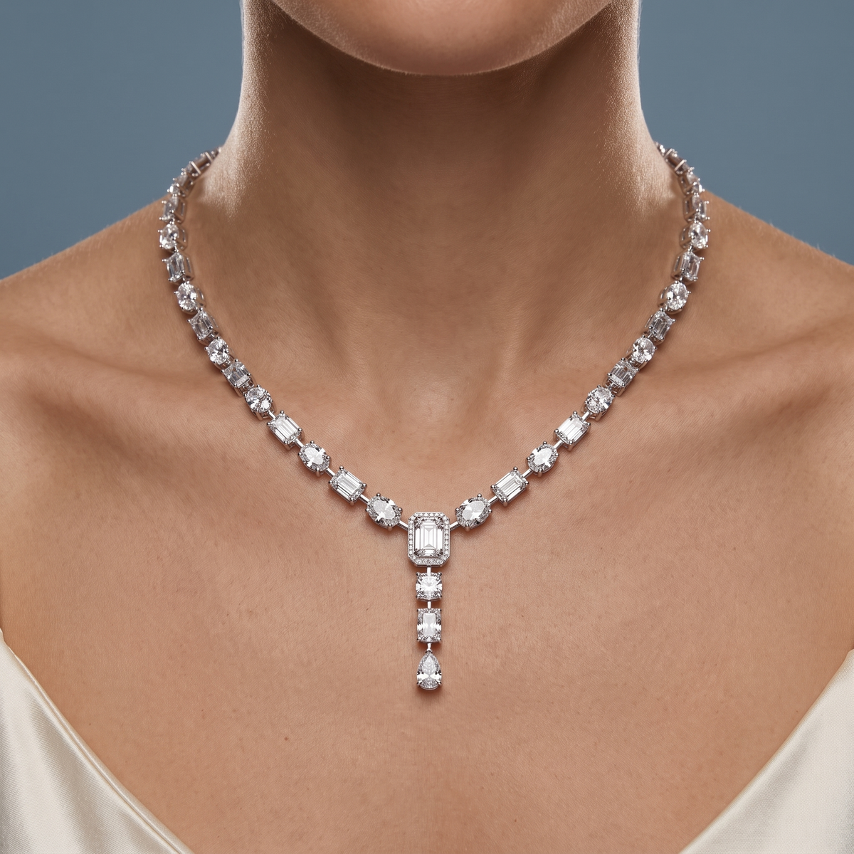 14KT White Gold Statement Emerald Oval Round Cut Station Brilliant Multi-Cut Diamond Necklace - Close-up