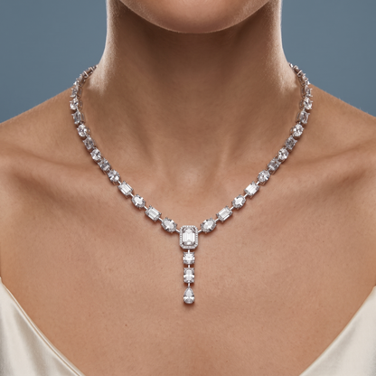 14KT White Gold Statement Emerald Oval Round Cut Station Brilliant Multi-Cut Diamond Necklace - Close-up