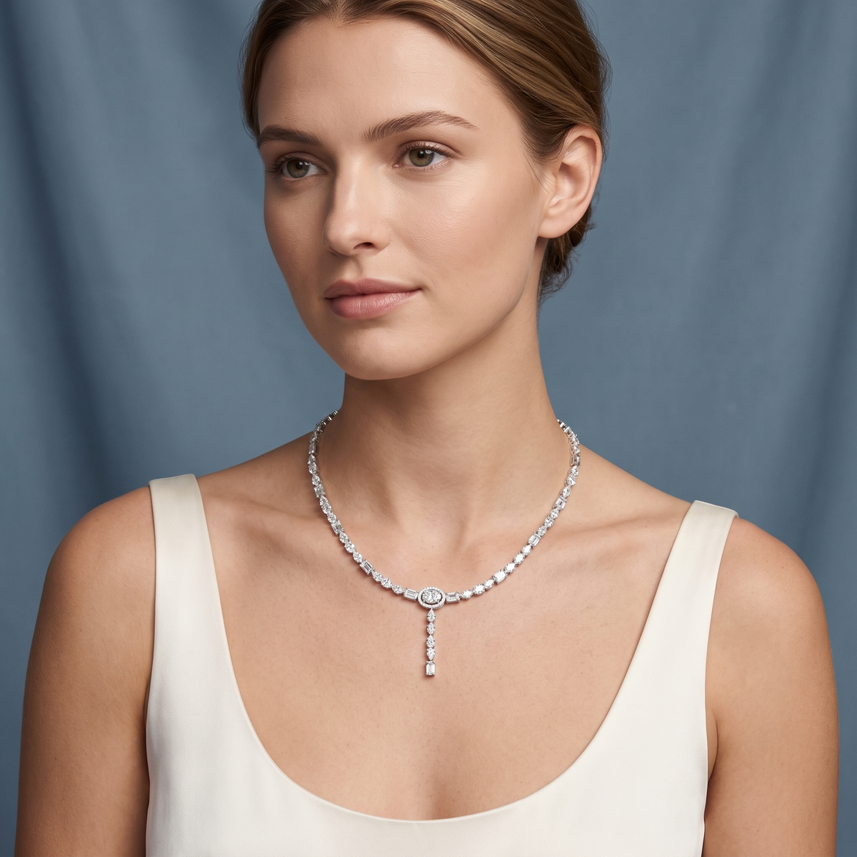 Silver Timeless Round Oval Emerald Cut Drop Multi-Cut Diamond Pendant Necklace - Beauty