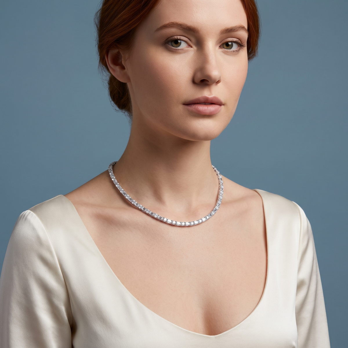 Platinum Statement Round Emerald Cut Alternating Brilliant Mixed Diamond Necklace - Beauty