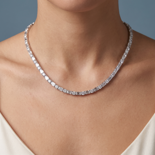14KT White Gold Statement Round Emerald Cut Alternating Brilliant Mixed Diamond Necklace - Close-up