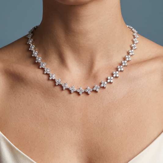 Platinum Statement Round Cluster Brilliant Diamond Flower Necklace - Close-up