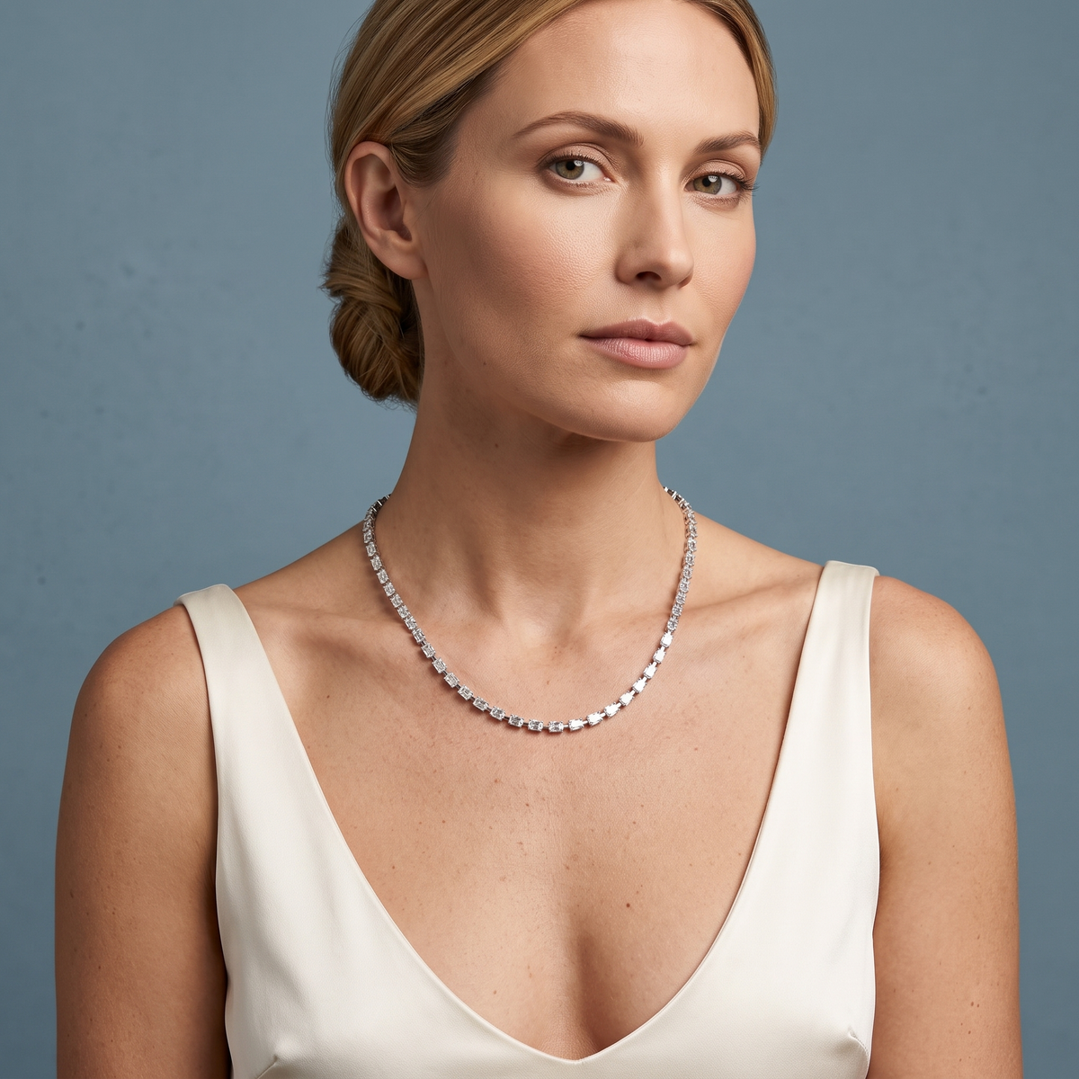 10KT White Gold Statement Emerald Cut Brilliant Diamond Necklace - Beauty