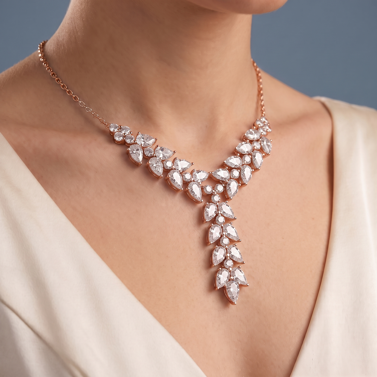 10KT Rose Gold Layered Leaf Diamond Necklace - Close-up