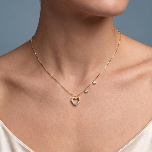 14KT Yellow Gold Romantic Heart Brilliant Diamond Necklace - Close-up