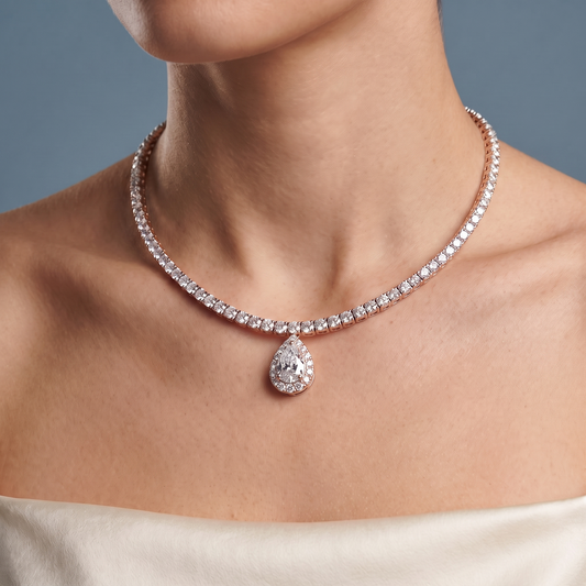 10KT Rose Gold Statement Teardrop Pear Round Sparkling Diamond Pendant Necklace - Close-up