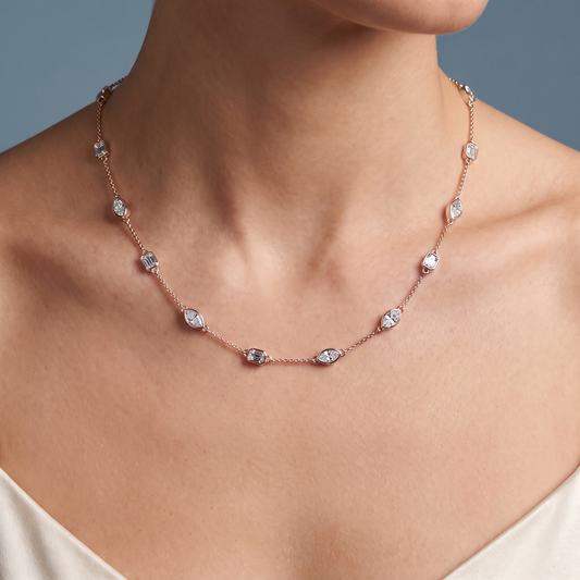 14KT Rose Gold Statement Emerald Marquise Cut Alternating Diamond Necklace - Close-up