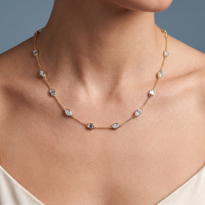 10KT Yellow Gold Statement Emerald Marquise Cut Alternating Diamond Necklace - Close-up