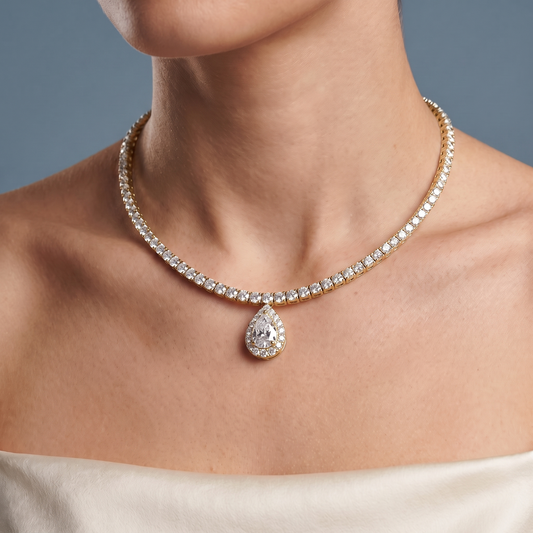 14KT Yellow Gold Statement Teardrop Pear Round Sparkling Diamond Pendant Necklace - Close-up