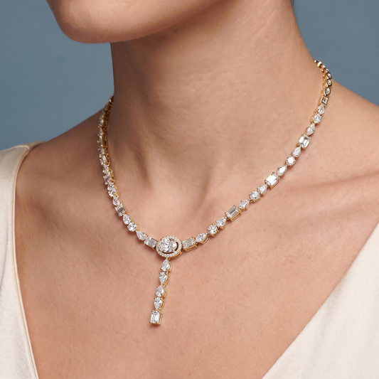 14KT Yellow Gold Timeless Round Oval Emerald Cut Drop Multi-Cut Diamond Pendant Necklace - Close-up