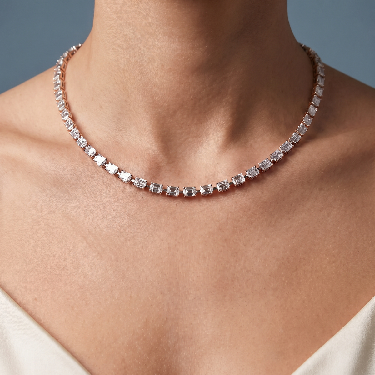 10KT Rose Gold Statement Emerald Cut Brilliant Diamond Necklace - Close-up