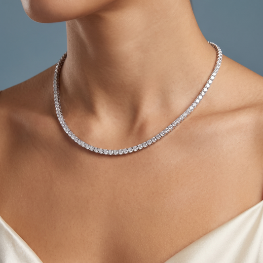 14KT White Gold Round Line Brilliant Diamond Tennis Chain Necklace - Close-up