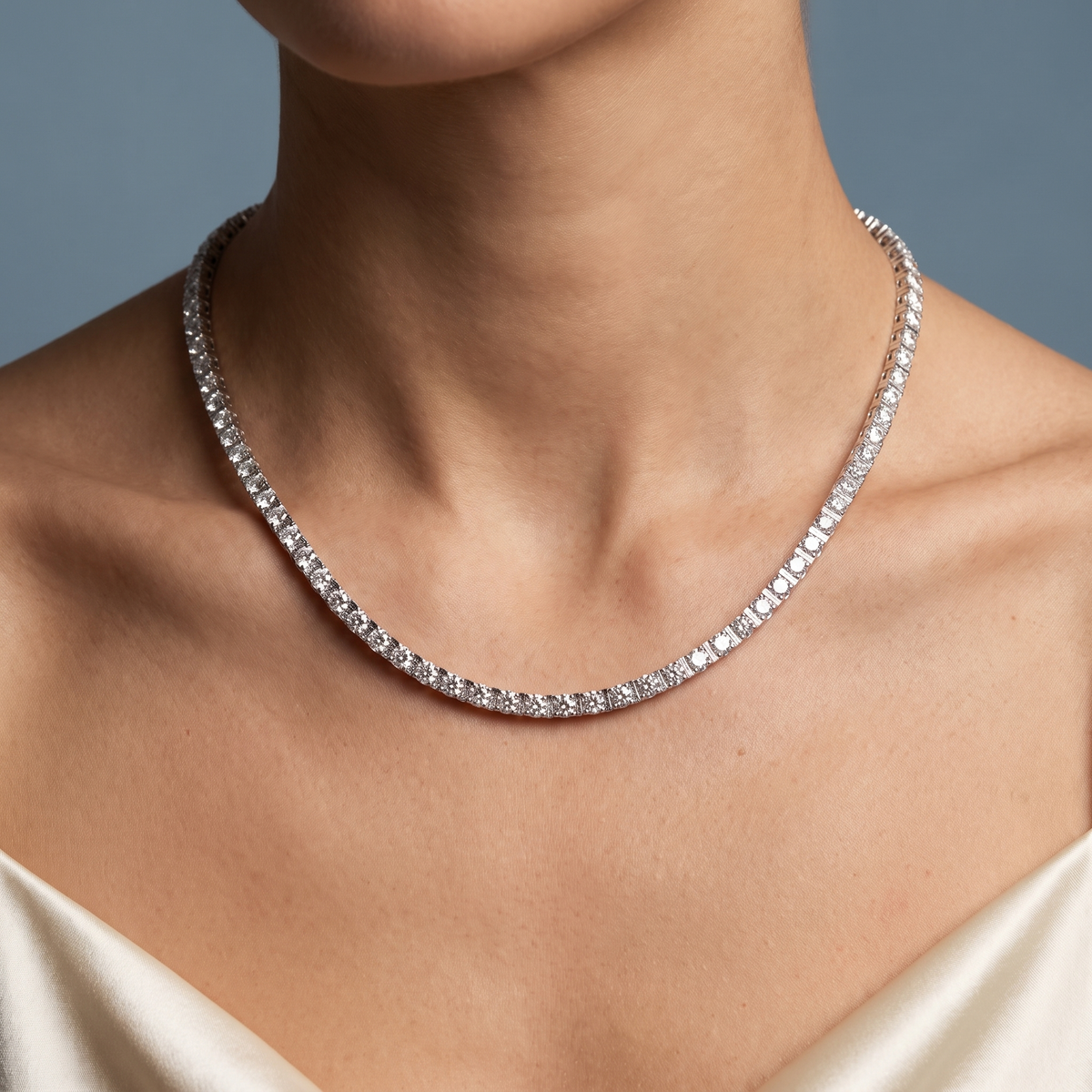 Platinum Round Line Brilliant Diamond Tennis Chain Luxurious Necklace - Close-up