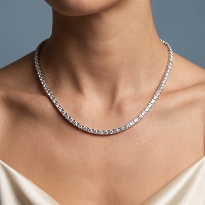 14KT White Gold Round Line Brilliant Diamond Tennis Chain Luxurious Necklace - Close-up