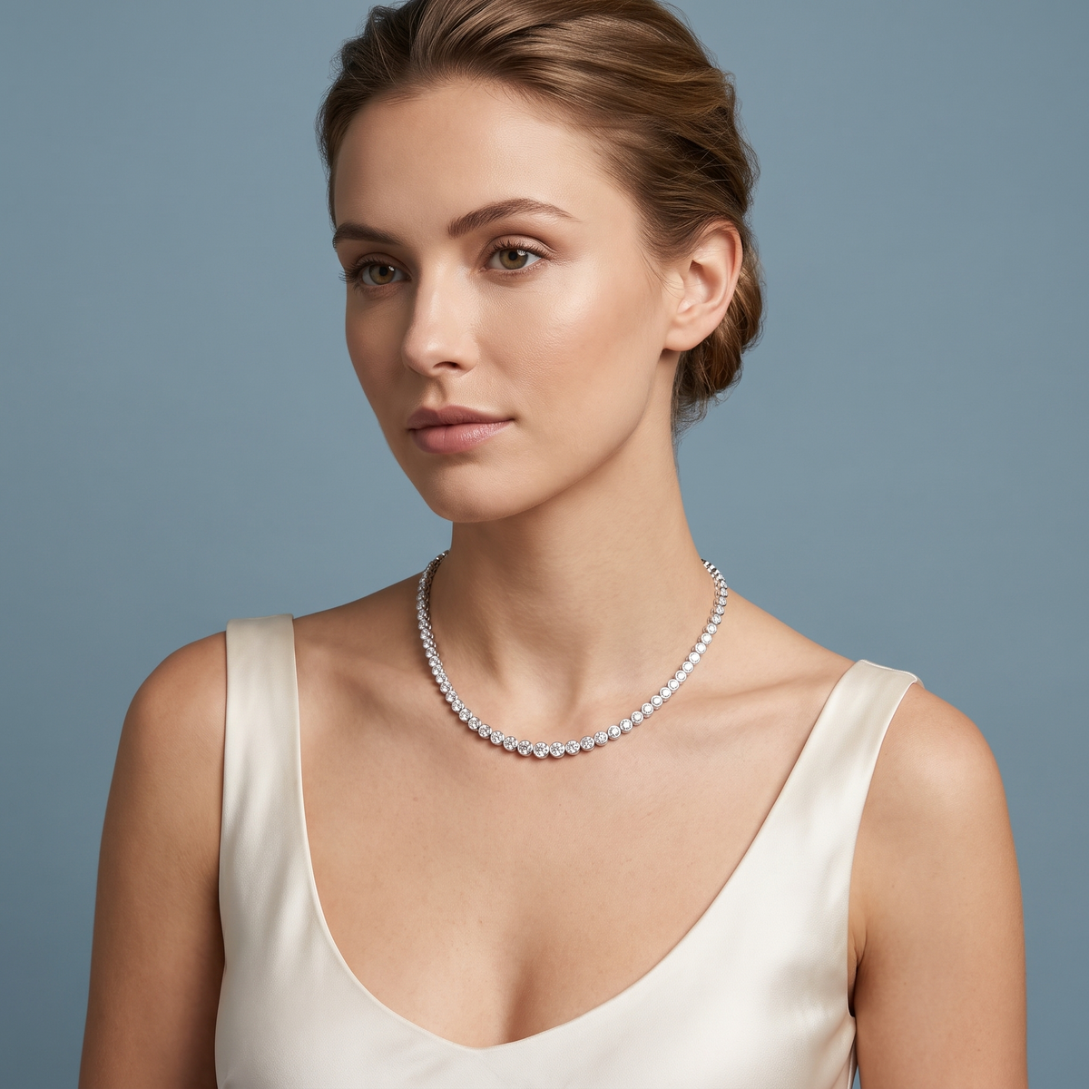 Silver Round Cut Bezel Graduated Brilliant Diamond Tennis Chain Necklace - Beauty