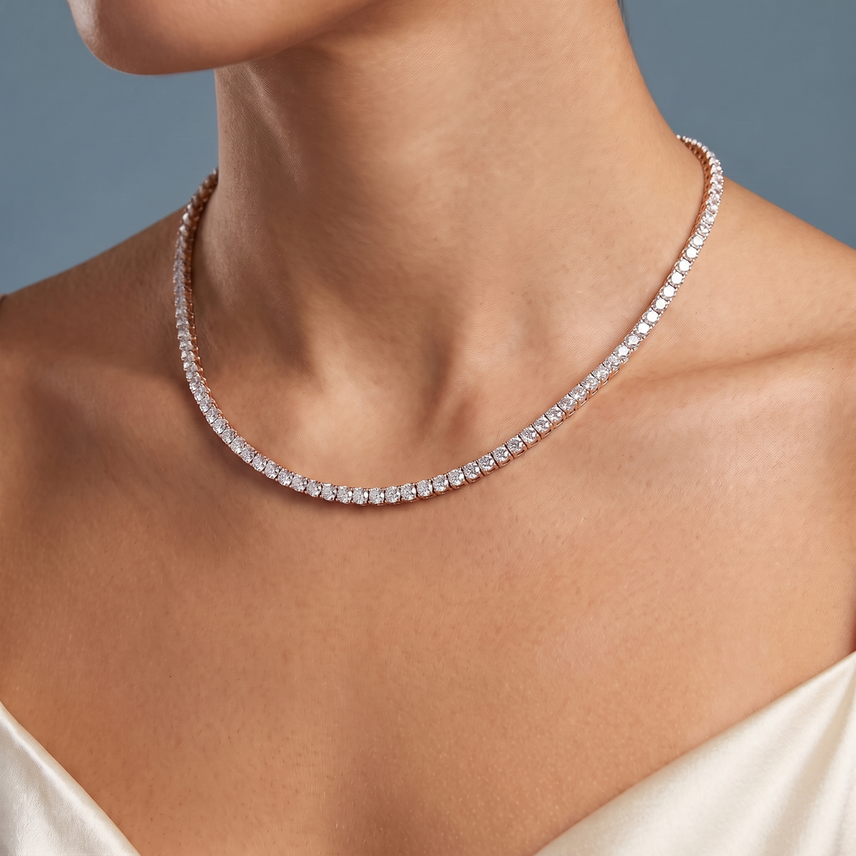 10KT Rose Gold Round Line Brilliant Diamond Tennis Chain Necklace - Close-up