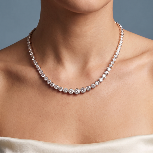 14KT Rose Gold Round Cut Bezel Graduated Brilliant Diamond Tennis Chain Necklace - Close-up