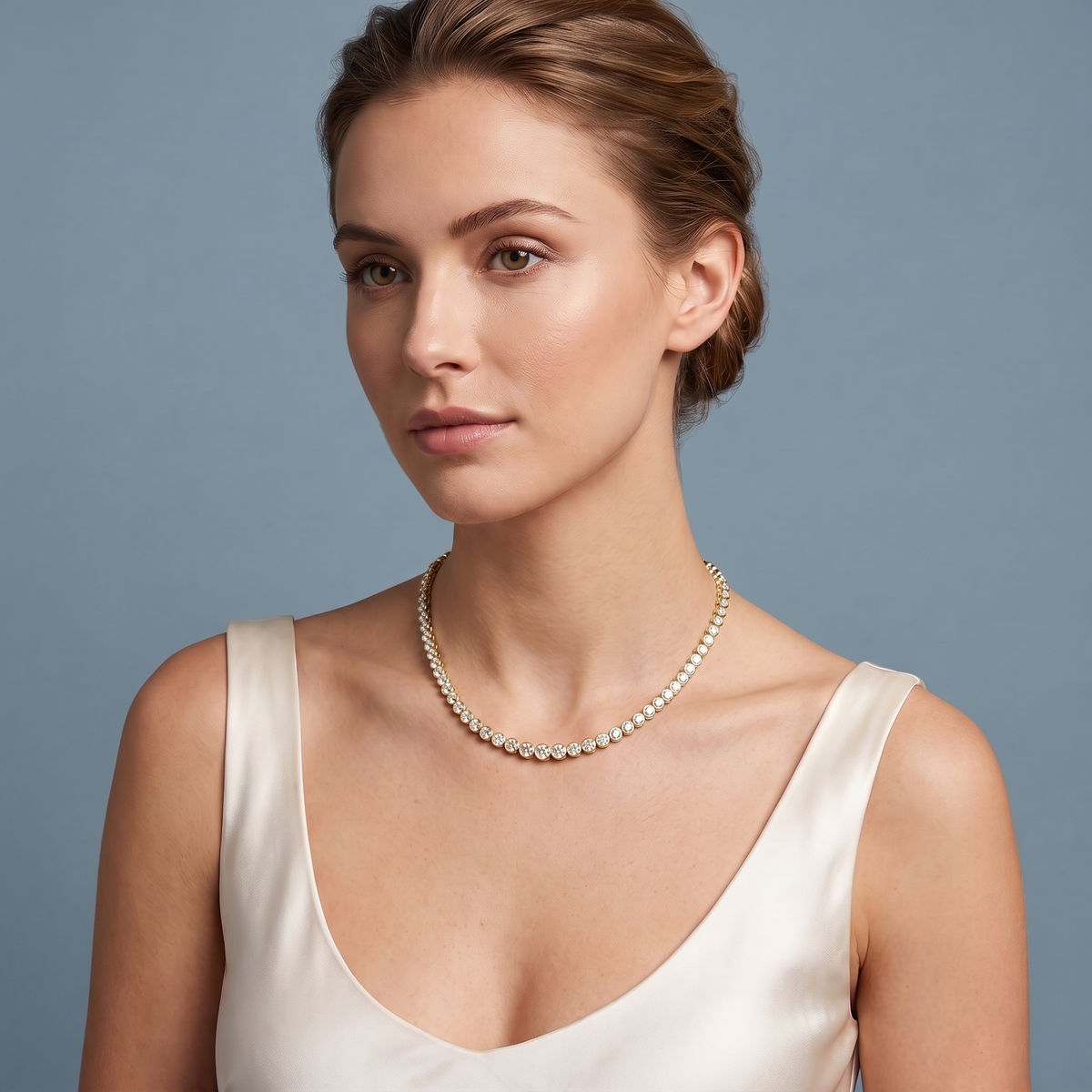 10KT Yellow Gold Round Cut Bezel Graduated Brilliant Diamond Tennis Chain Necklace - Beauty