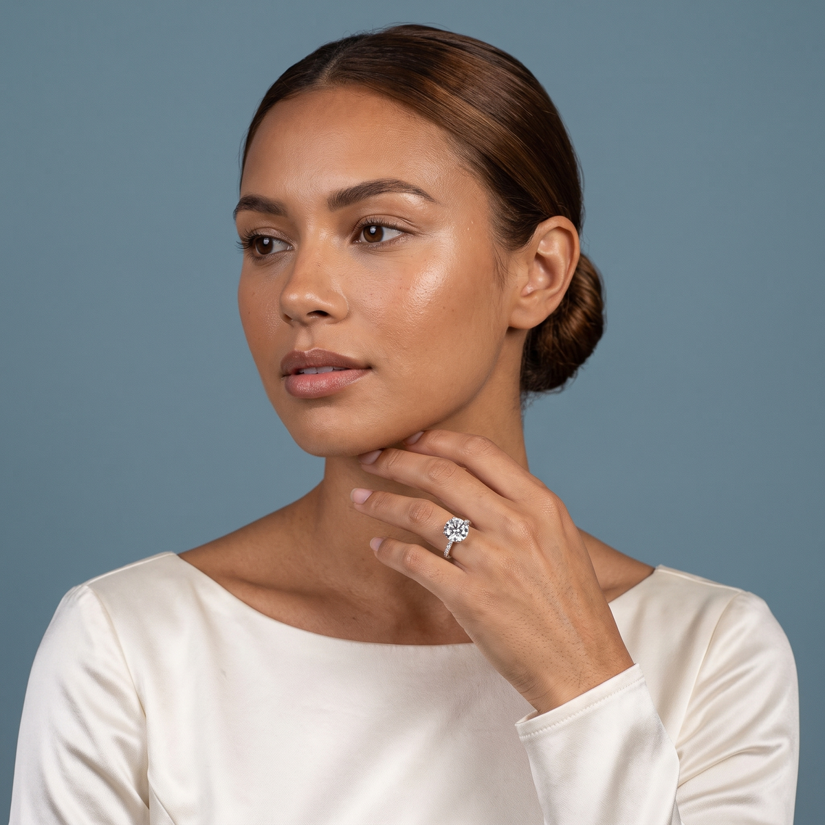14 KT White Gold Round Cut Diamond Solitaire Ring with Round Pavé Band and Prong Setting - model beauty shot