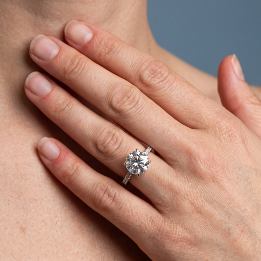 Platinum Round Cut Diamond Solitaire Ring - worn close-up