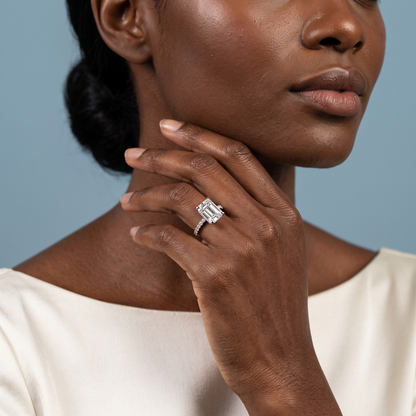 Platinum Emerald Cut Diamond Solitaire Ring - model beauty shot