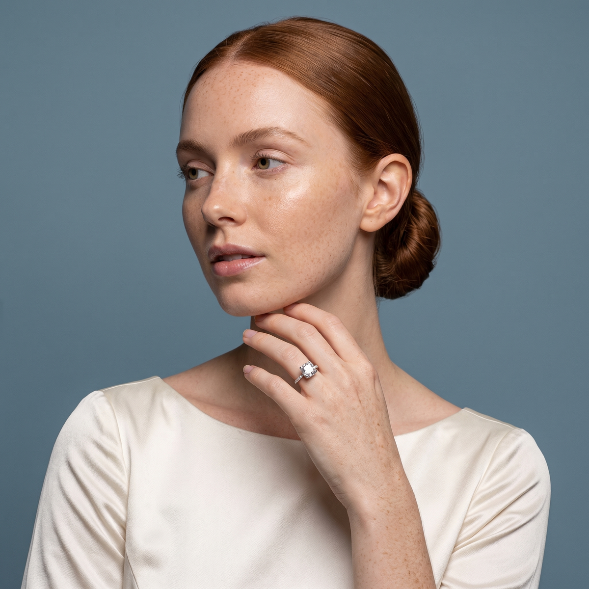 Platinum Cushion Cut Diamond Solitaire Ring - model beauty shot