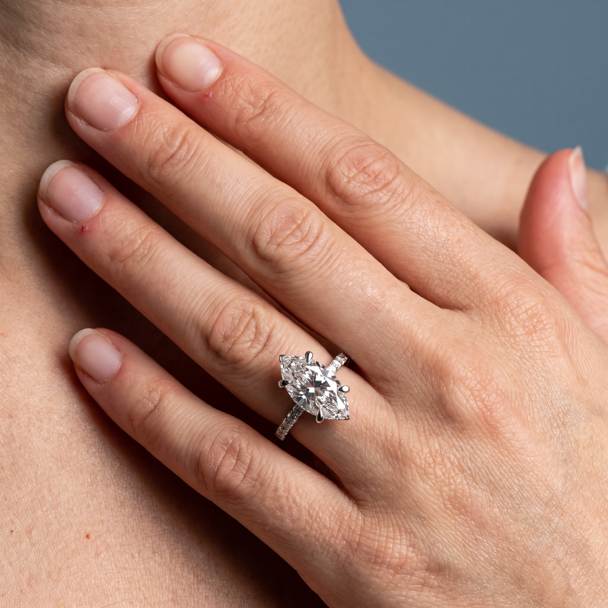 Platinum Marquise Cut Diamond Solitaire Ring - worn close-up
