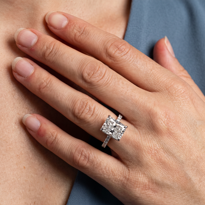 Platinum Radiant Cut Diamond Solitaire Ring - worn close-up