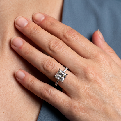 14 KT White Gold Princess Cut Diamond Solitaire Ring - worn close-up