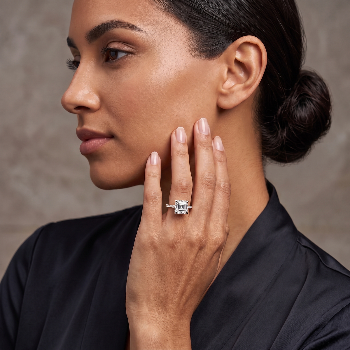 14 KT Rose Gold Asscher Cut Diamond Solitaire Ring - model beauty shot