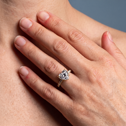 14 KT Yellow Gold Heart Cut Diamond Solitaire Ring - worn close-up