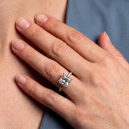 18 KT Rose Gold Princess Cut Diamond Solitaire Ring - worn close-up