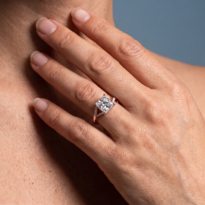 14 KT Rose Gold Princess Cut Diamond Split Shank Engagement Ring with Hidden Halo - worn close-up