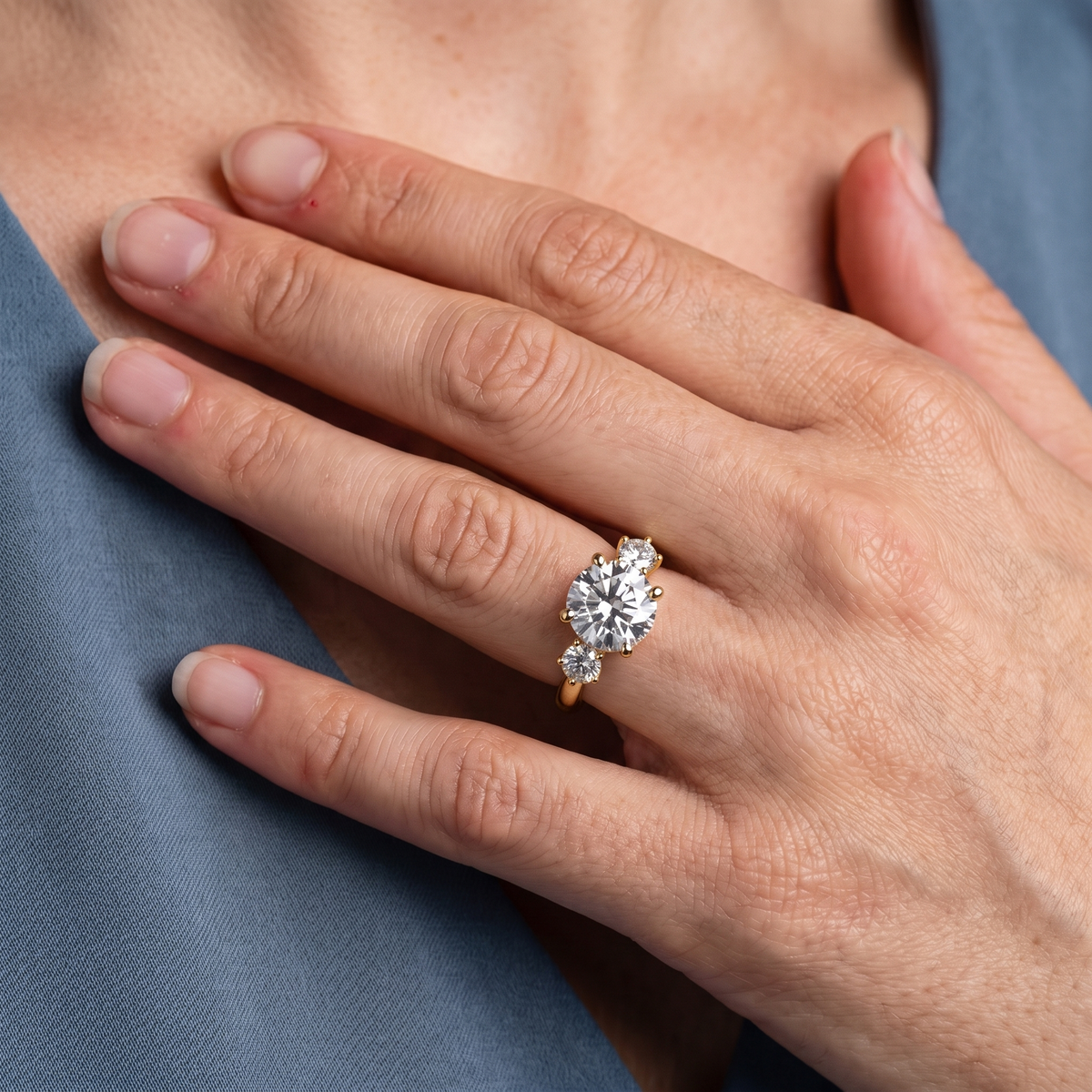 14 KT Yellow Gold Round Cut Diamond Three Stone Engagement Ring with Hidden Halo - worn close-up