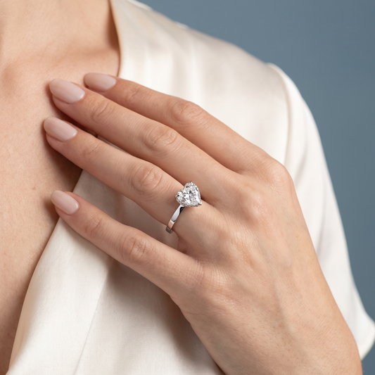 18 KT White Gold Heart Cut Diamond Solitaire Ring with Hidden Halo - worn close-up