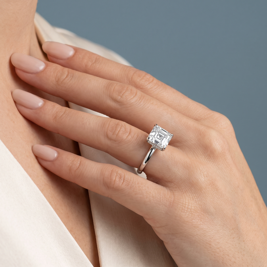 14 KT White Gold Asscher Cut Diamond Hidden Halo Solitaire Ring - worn close-up