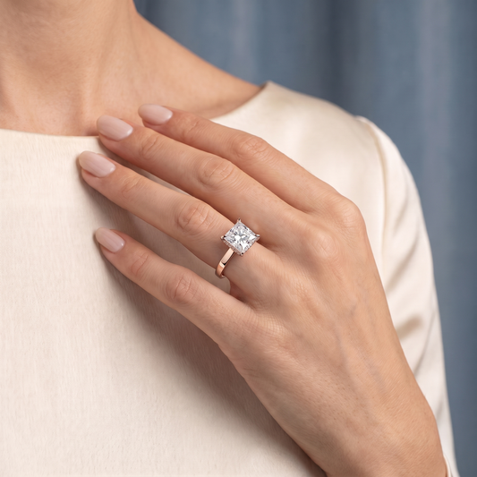 14 KT Rose Gold Princess Cut Diamond Solitaire Ring with Hidden Halo - worn close-up