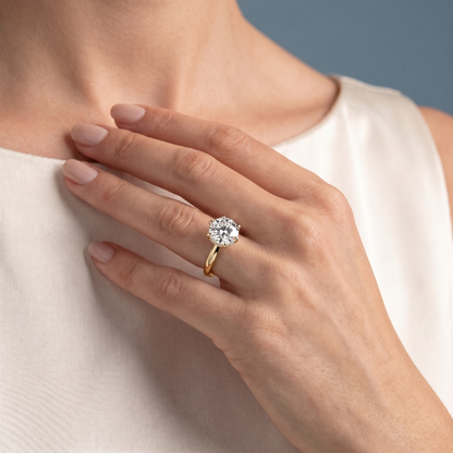 18 KT Yellow Gold Round Cut Diamond Hidden Halo Solitaire Ring - worn close-up