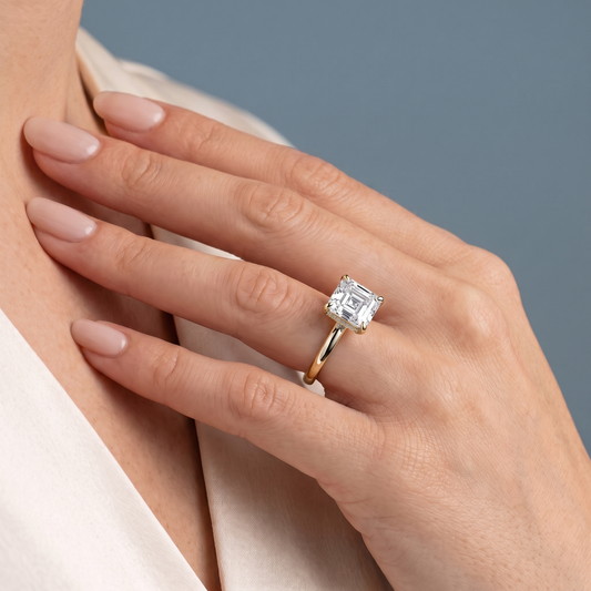 14 KT Yellow Gold Asscher Cut Diamond Hidden Halo Solitaire Ring - worn close-up