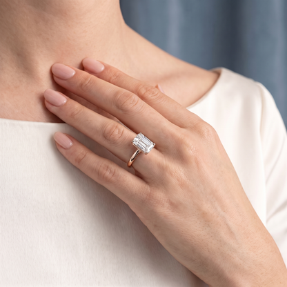 14 KT Rose Gold Emerald Cut Diamond Hidden Halo Solitaire Ring - worn close-up