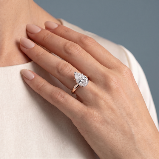 14 KT Rose Gold Pear Cut Diamond Hidden Halo Solitaire Ring - worn close-up