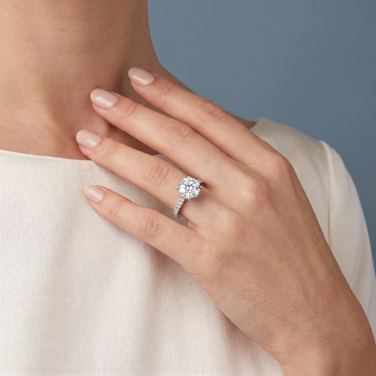 14 KT White Gold Round Cut Diamond Ring with Hidden Halo - worn close-up