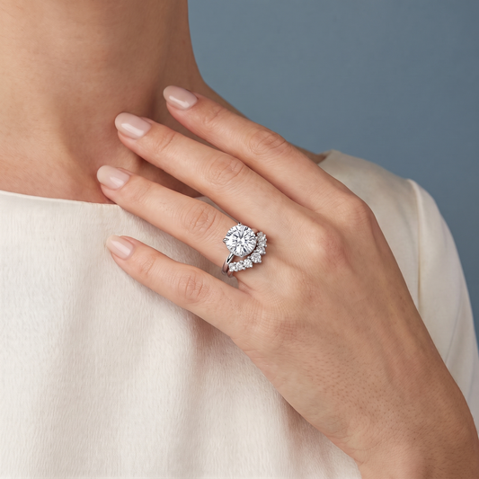 18 KT White Gold Round Cut Diamond Ring with Curved Cluster Band - worn close-up