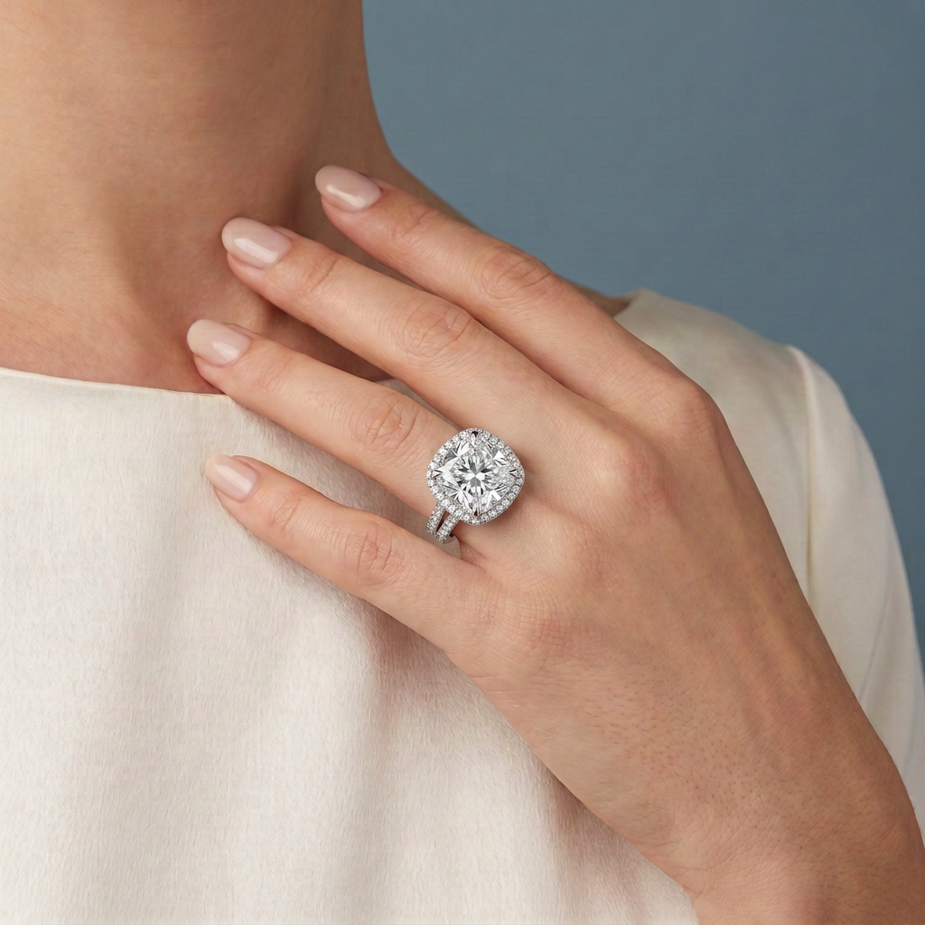 18 KT White Gold Cushion Cut Diamond Halo Ring with Twin Pave Band - worn close-up