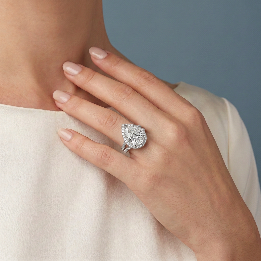 Platinum Pear Cut Diamond Halo Ring with Twin Pave Band - worn close-up