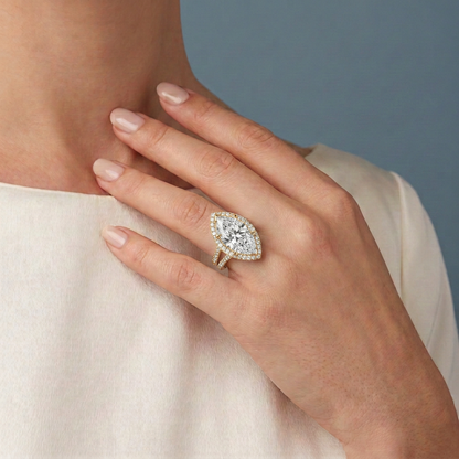 14 KT Yellow Gold Marquise Cut Diamond Halo Ring with Twin Pave Band - worn close-up