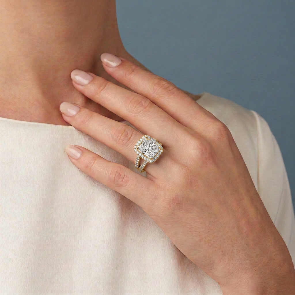 14 KT Yellow Gold Radiant Cut Diamond Halo Ring with Pave Split Shank - worn close-up