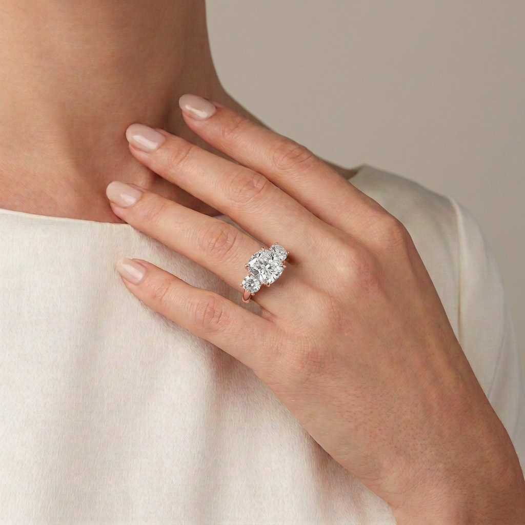 14 KT Rose Gold Cushion Cut Diamond Three Stone Ring with Round Accents - worn close-up
