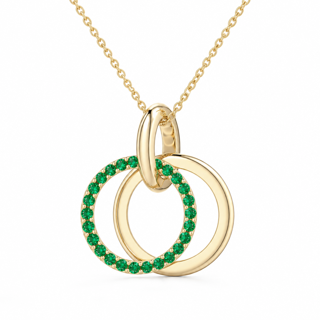 14K Yellow Gold Lab Grown Emerald Interlocking Circles Pendant